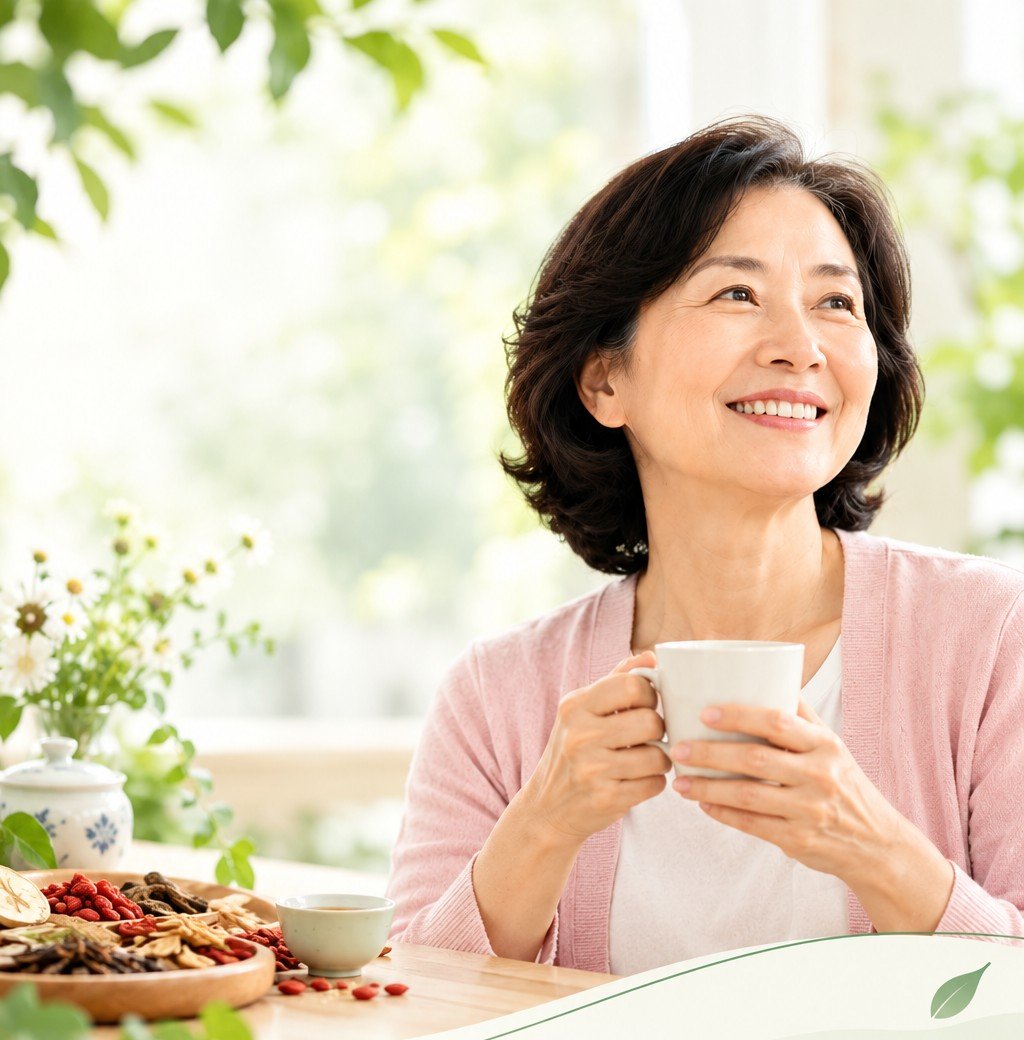 一位面带微笑、手捧茶杯的成熟女性